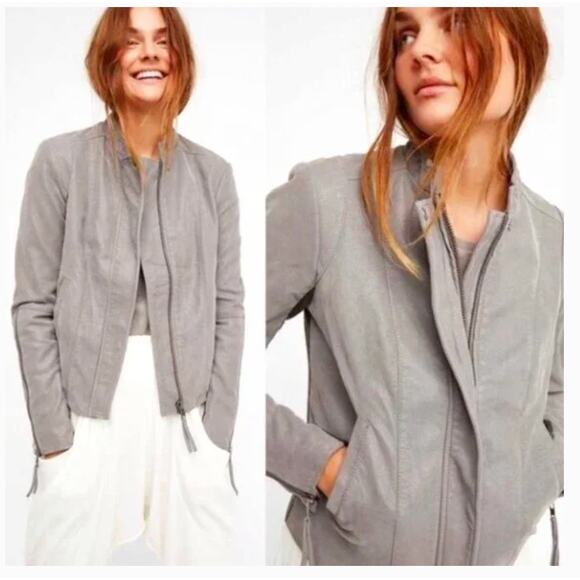 Free People Cool & Clean BLACK Vegan Leather Moto Jacket Size 2 Wool Side Panels - Picture 2 of 9